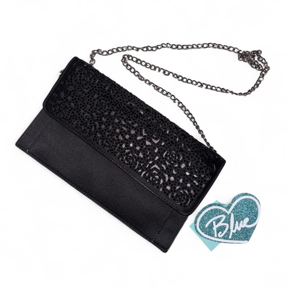 NWT Betsey Johnson black sparkly satin clutch with chain strap